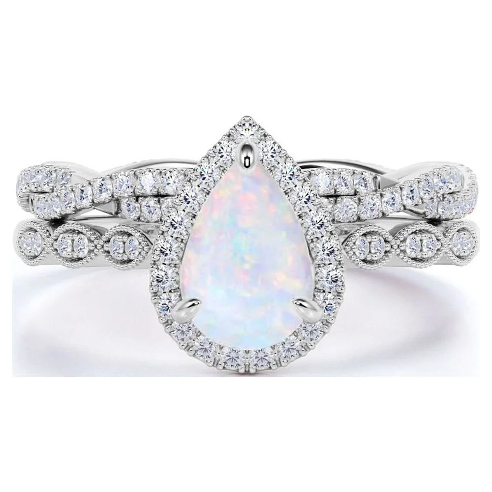 1.5 Carat Pear Shaped Fire Opal and Moissanite Vintage Set in 18K White Gold over Silver