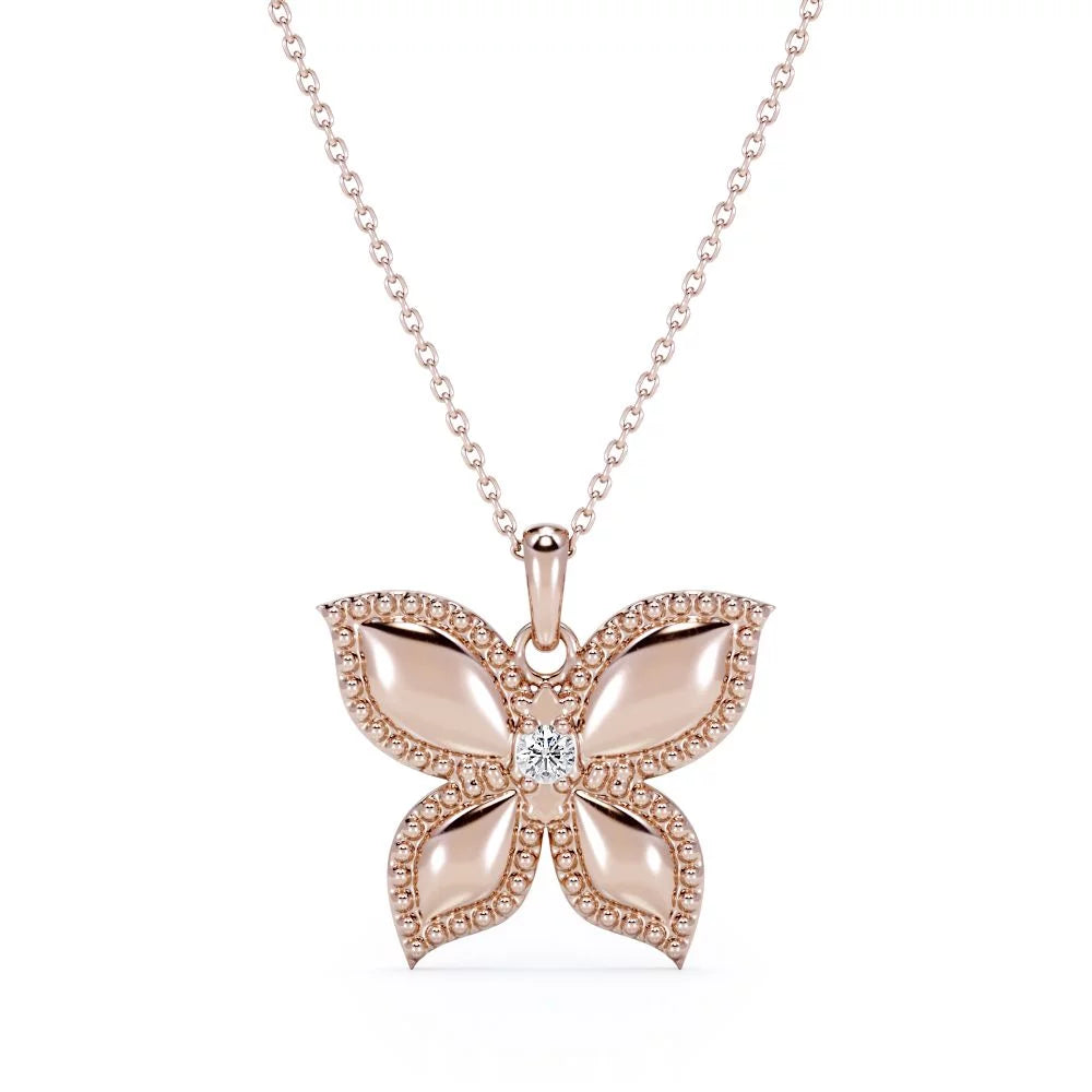 Butterfly-In-Love Pendant Necklace with round Brilliant Cut Moissanite in 18K Rose Gold Plating over Silver