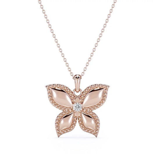 Butterfly-In-Love Pendant Necklace with round Brilliant Cut Moissanite in 18K Rose Gold Plating over Silver