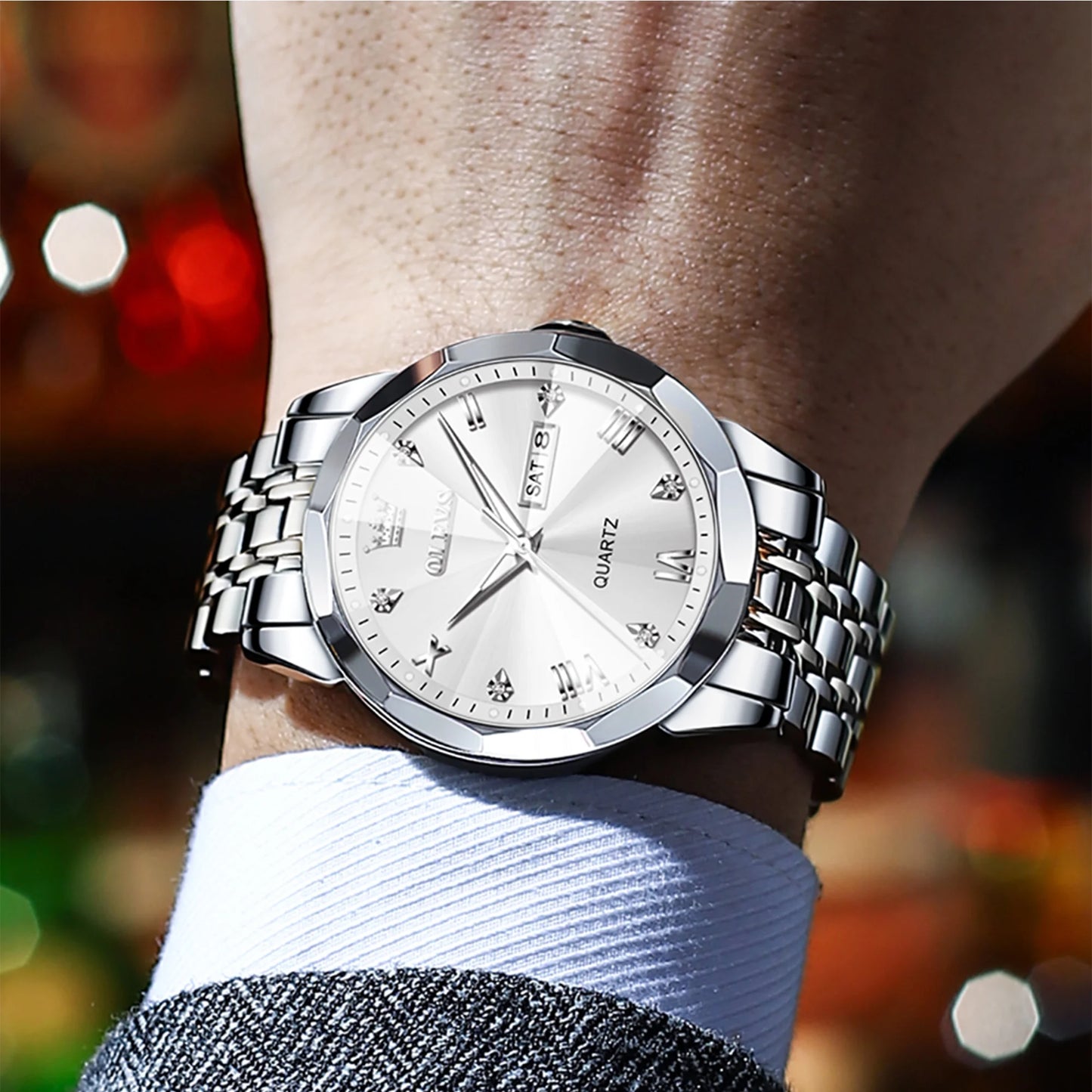 Silver Men Diamond Luxury Stainless Steel Quartz Watch