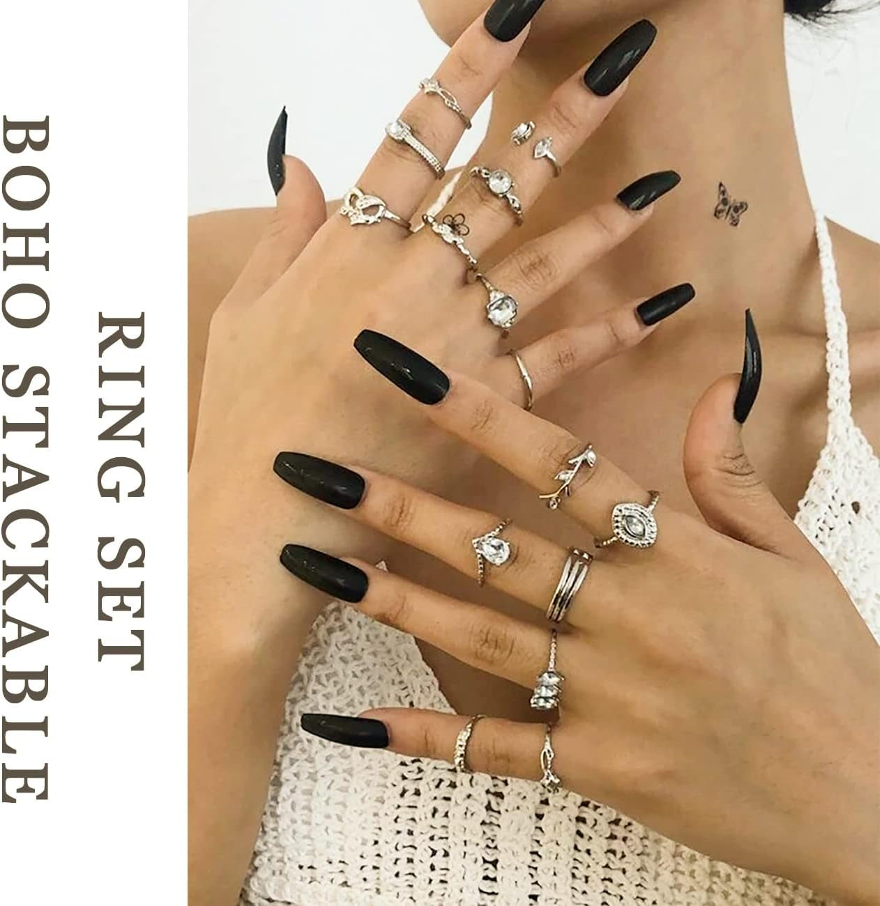 78 PCS Vintage Silver Knuckle Rings Set, Stackable Joint Finger Rings for Women, Bohemian Midi Rings, Boho Butterfly Snake Crystal Stacking Rings Pack