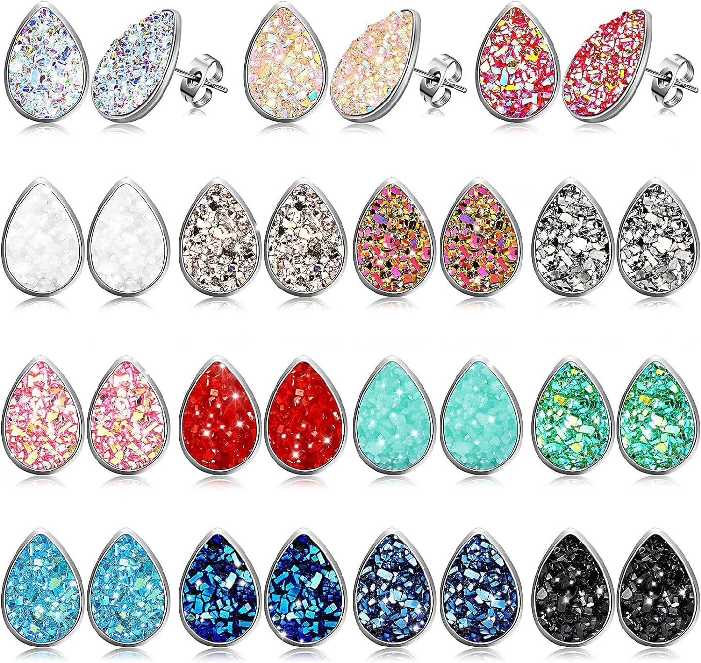 15 Pairs Faux Druzy Stud Earrings Teardrop Glitter Pierced Earrings Stainless Steel Earrings for Women Girls Mothers Day Gift