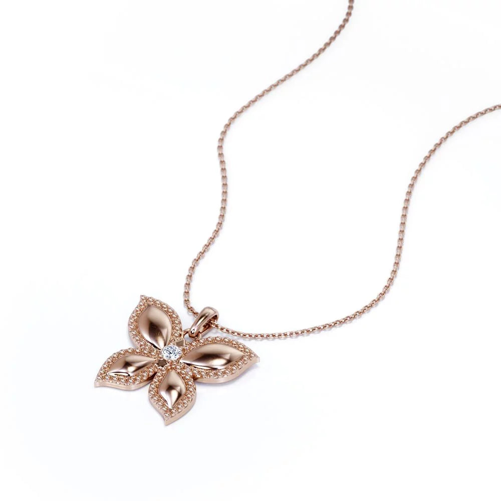 Butterfly-In-Love Pendant Necklace with round Brilliant Cut Moissanite in 18K Rose Gold Plating over Silver