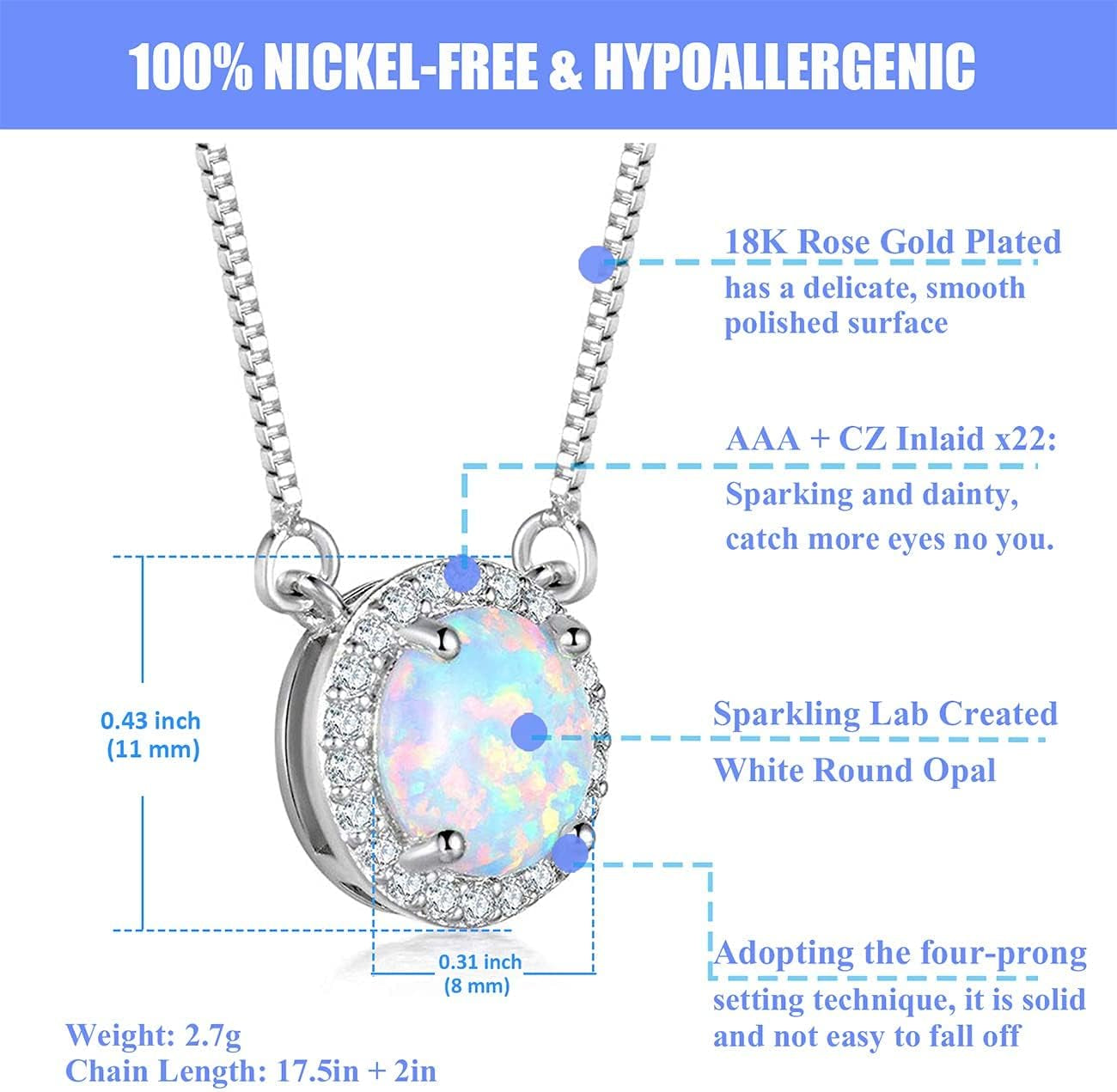 18K White Gold/Rose Gold Plated Opal Necklace for Women