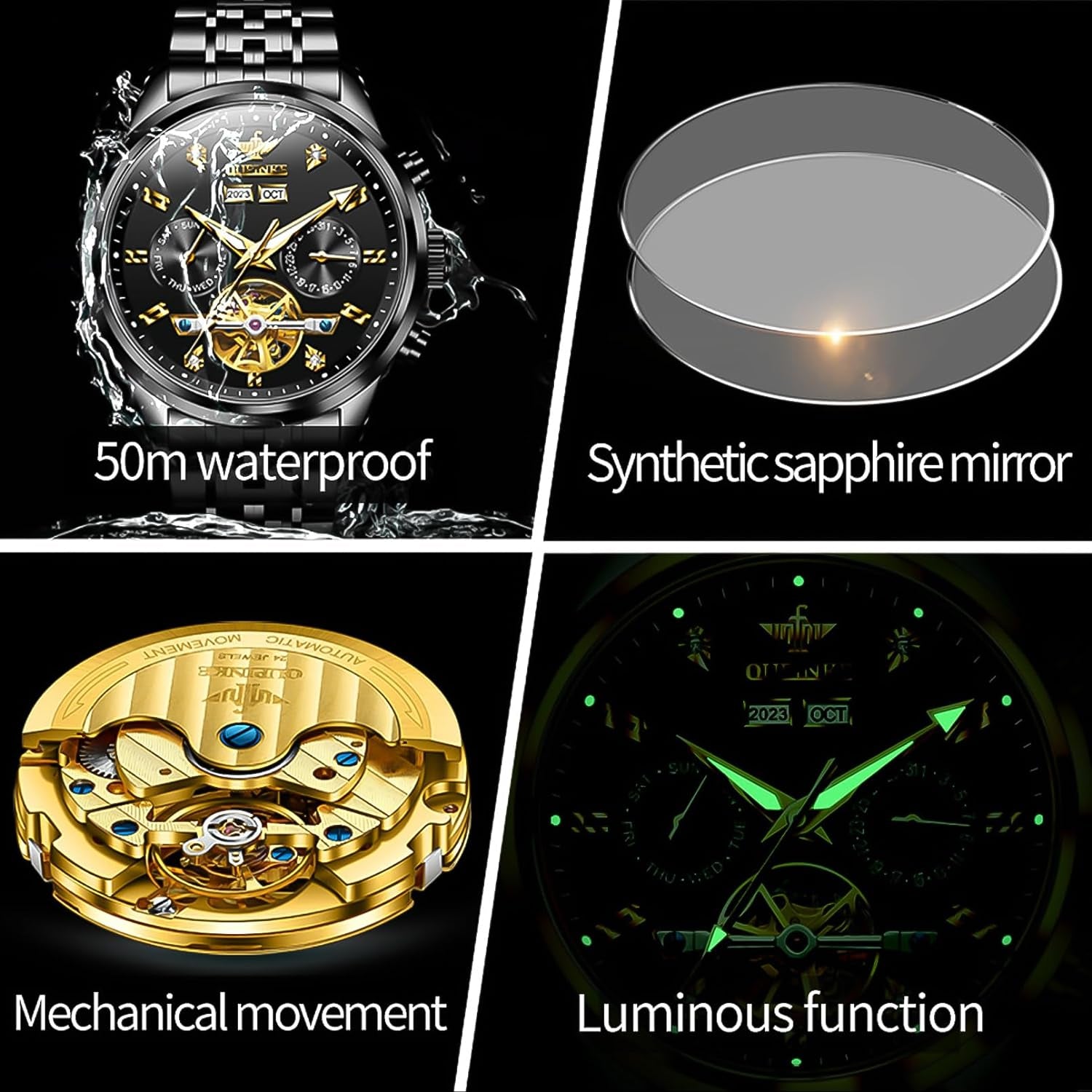  Skeleton Luxury Waterproof Sapphire Crystal Wrist Watch for Men (Gold/Blue/Black/Green Dial)