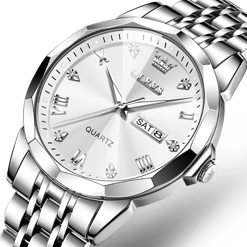 Silver Men Diamond Luxury Stainless Steel Quartz Watch