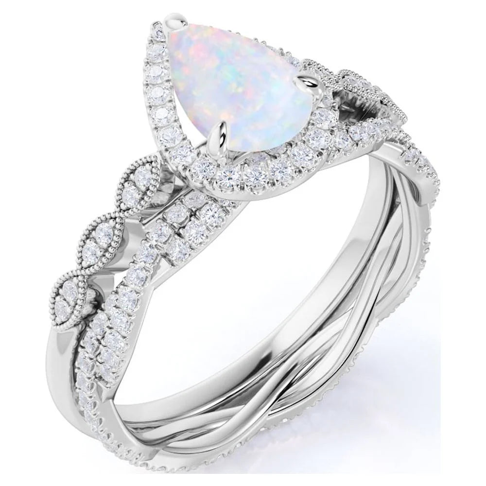 1.5 Carat Pear Shaped Fire Opal and Moissanite Vintage Set in 18K White Gold over Silver