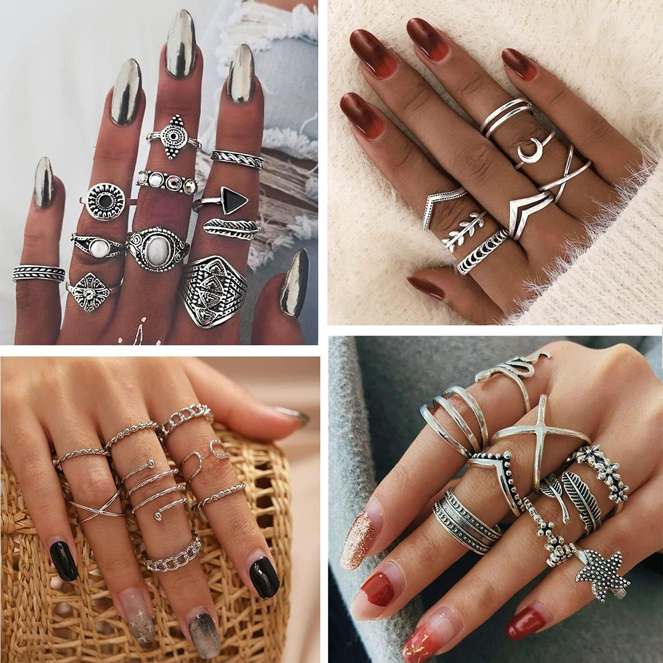 78 PCS Vintage Silver Knuckle Rings Set, Stackable Joint Finger Rings for Women, Bohemian Midi Rings, Boho Butterfly Snake Crystal Stacking Rings Pack