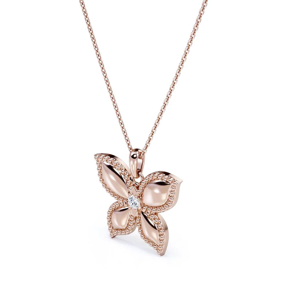 Butterfly-In-Love Pendant Necklace with round Brilliant Cut Moissanite in 18K Rose Gold Plating over Silver