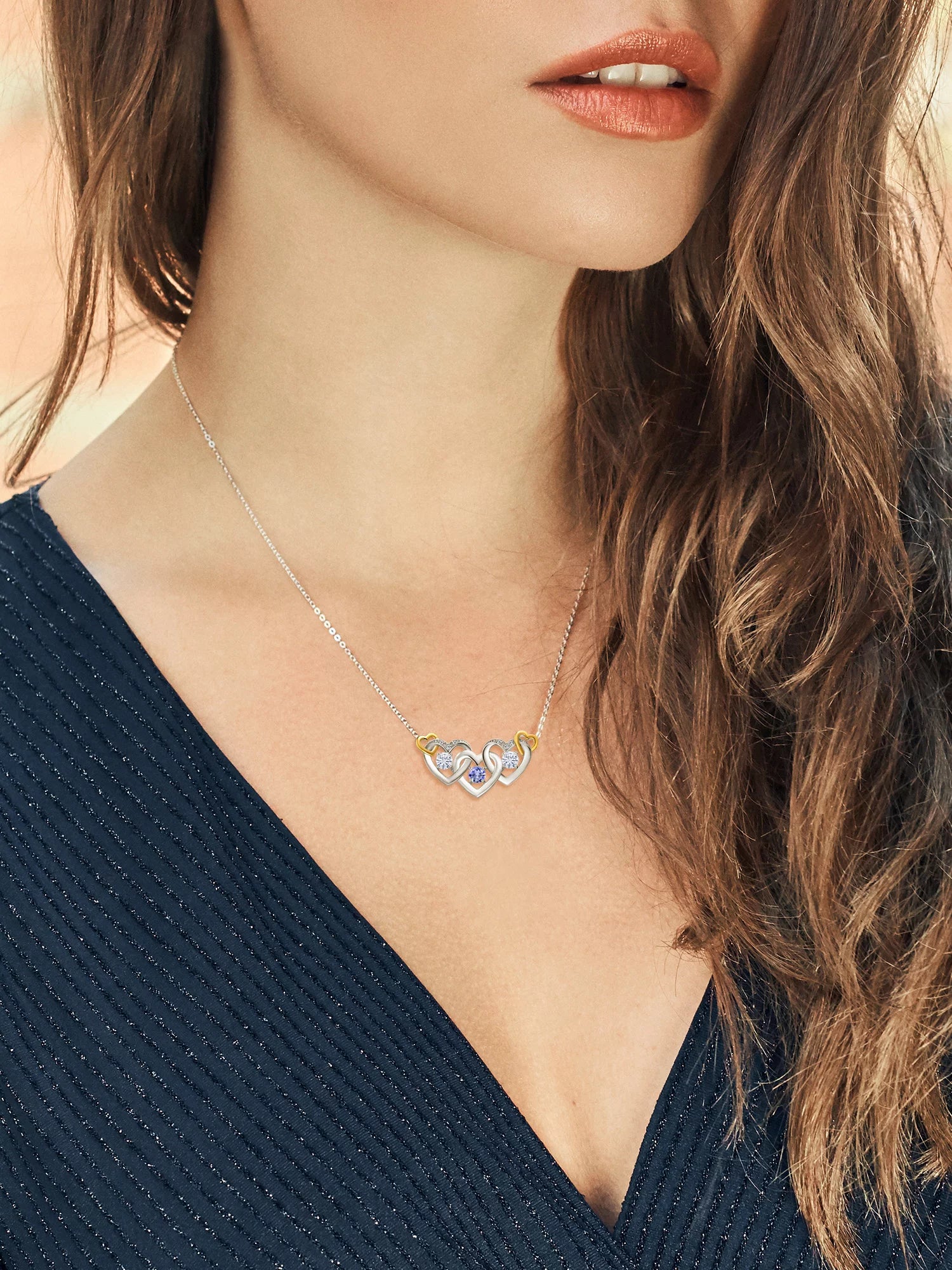 925 Silver and 10K Yellow Gold Blue Tanzanite White Moissanite and White Lab Grown Diamond Heart Shape Pendant Necklace for Women (0.82 Cttw, with 18 Inch Chain)