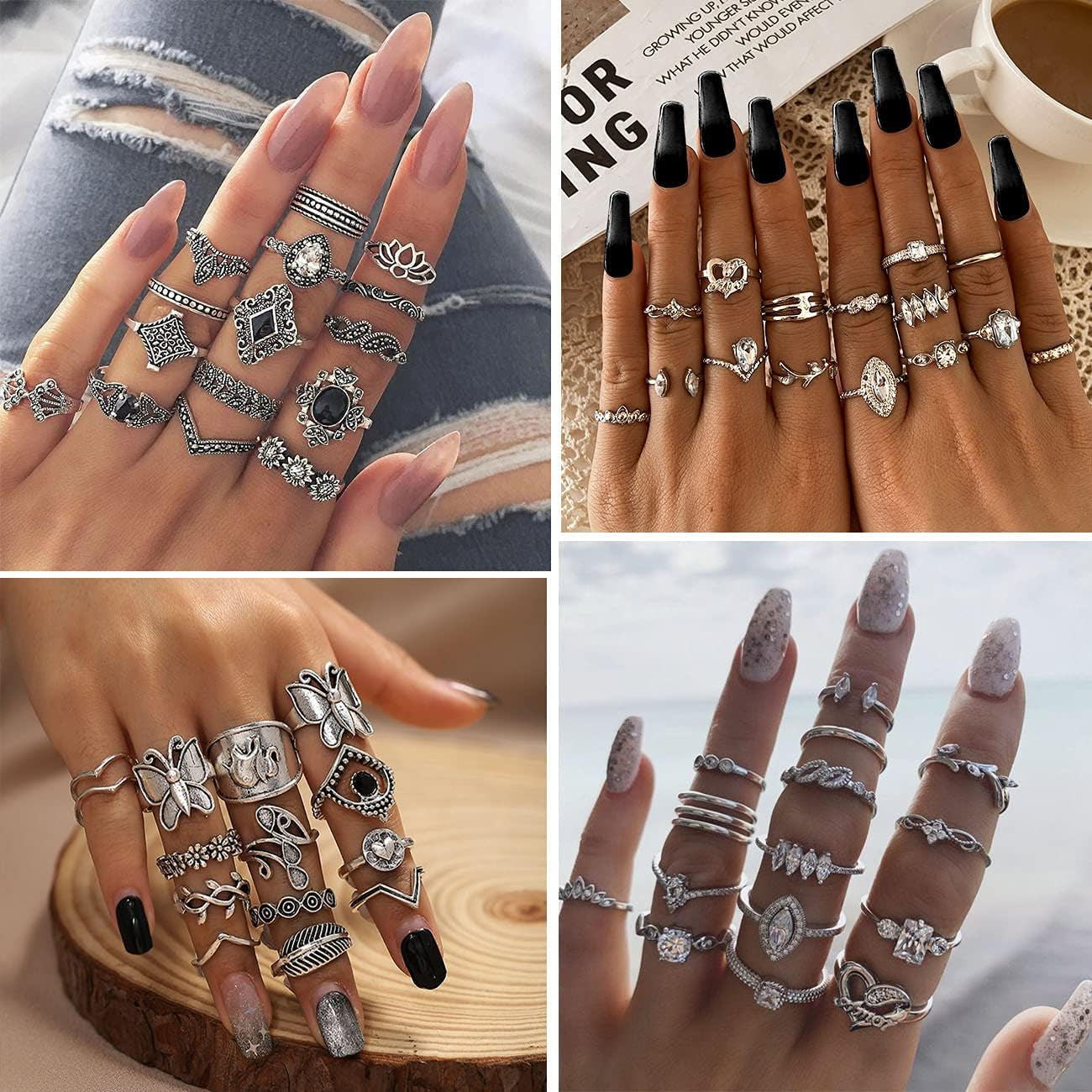 78 PCS Vintage Silver Knuckle Rings Set, Stackable Joint Finger Rings for Women, Bohemian Midi Rings, Boho Butterfly Snake Crystal Stacking Rings Pack