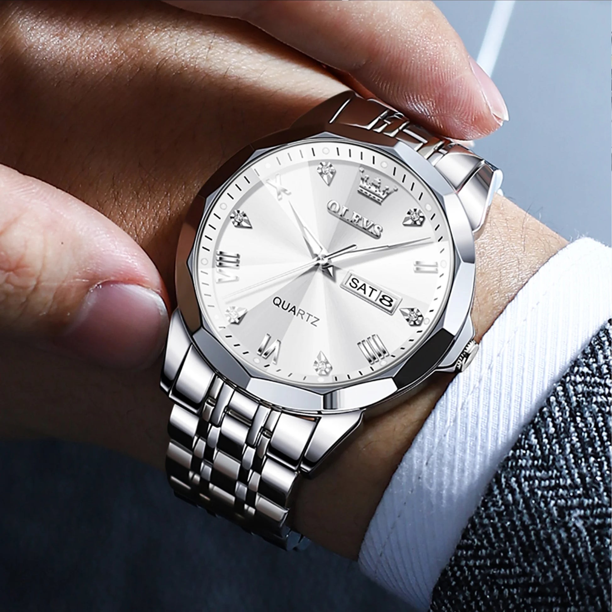 Silver Men Diamond Luxury Stainless Steel Quartz Watch