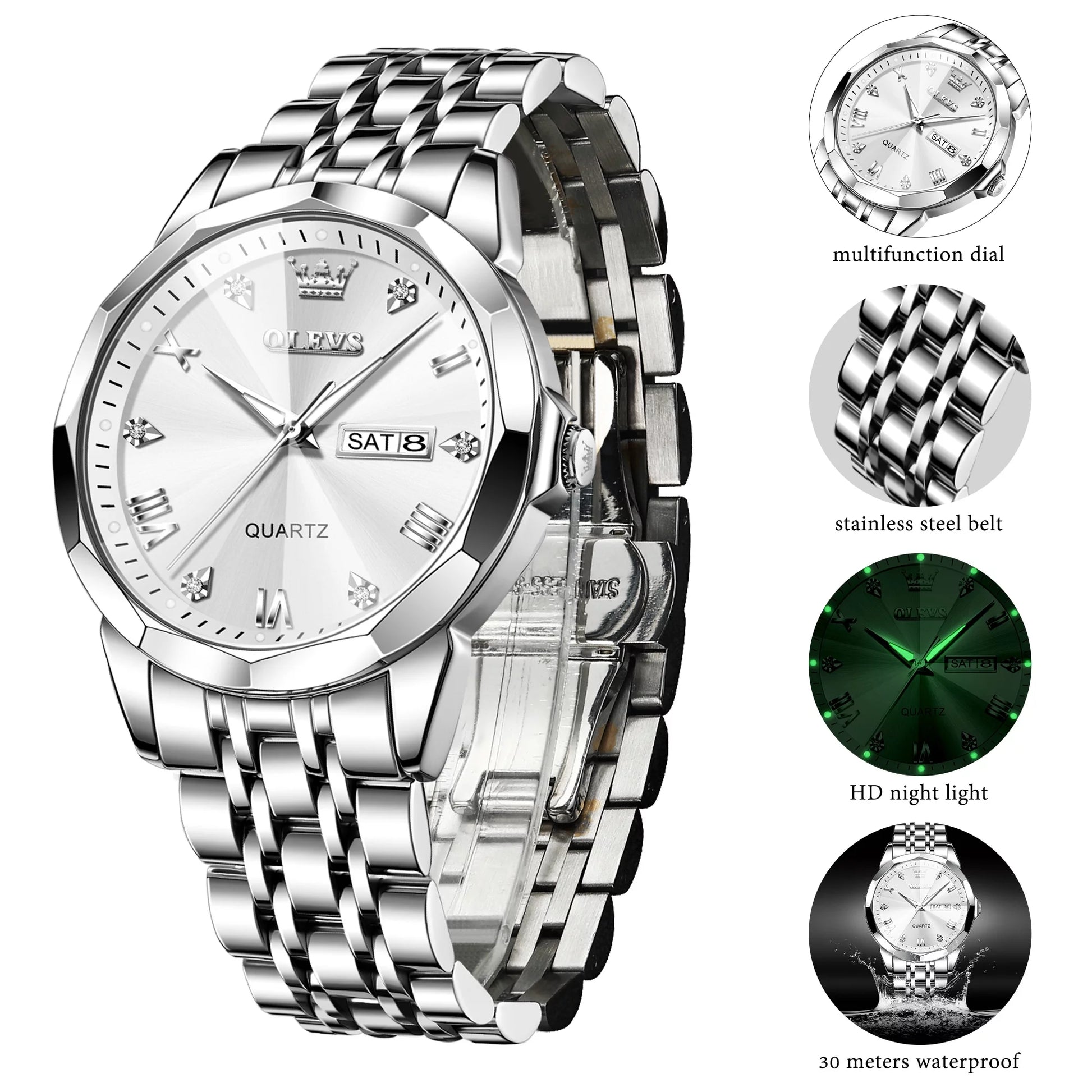 Silver Men Diamond Luxury Stainless Steel Quartz Watch