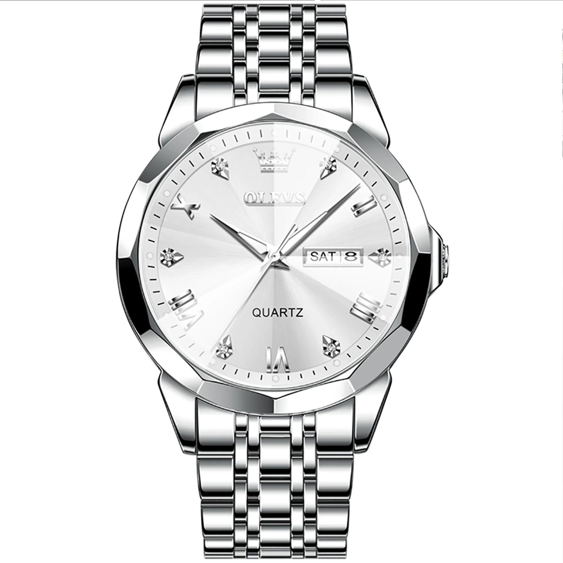 Silver Men Diamond Luxury Stainless Steel Quartz Watch