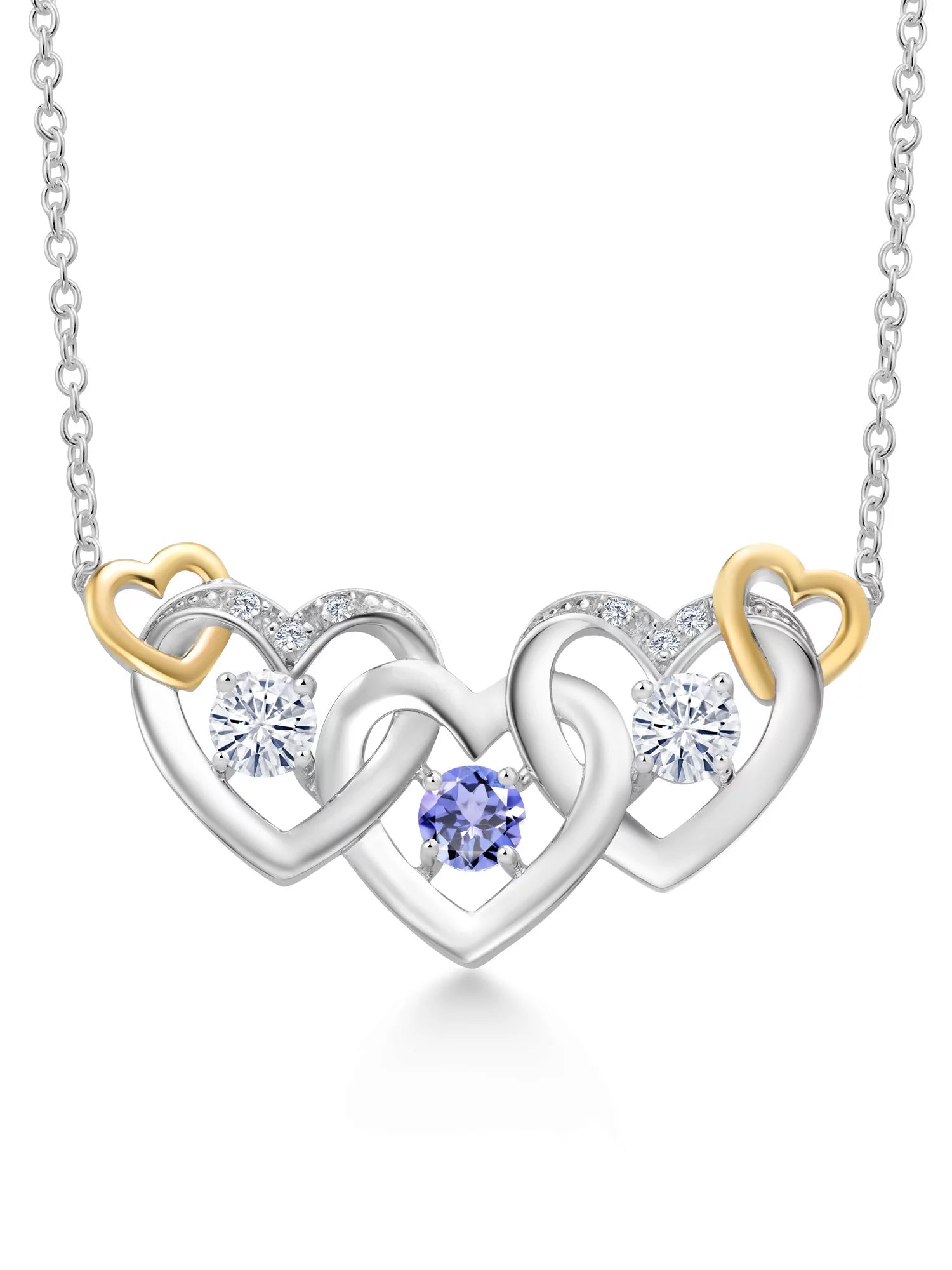 925 Silver and 10K Yellow Gold Blue Tanzanite White Moissanite and White Lab Grown Diamond Heart Shape Pendant Necklace for Women (0.82 Cttw, with 18 Inch Chain)