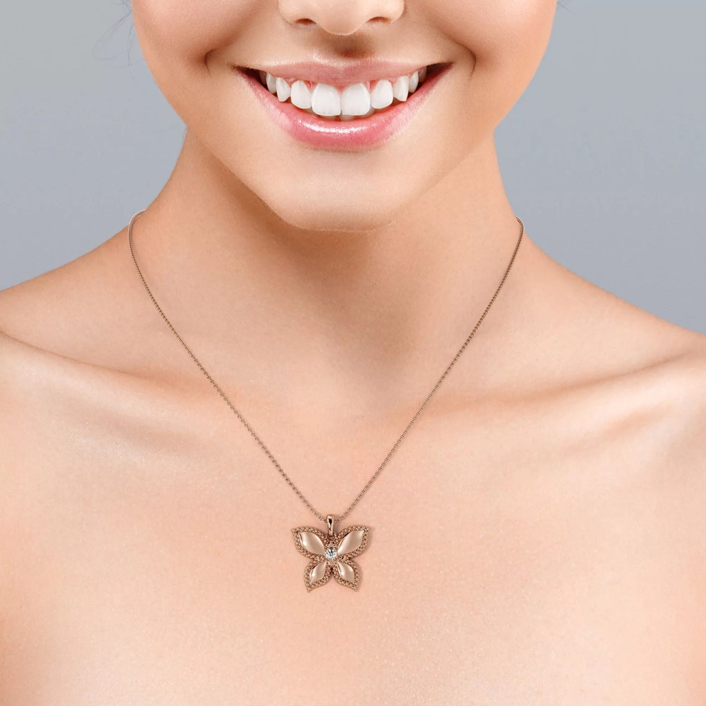 Butterfly-In-Love Pendant Necklace with round Brilliant Cut Moissanite in 18K Rose Gold Plating over Silver