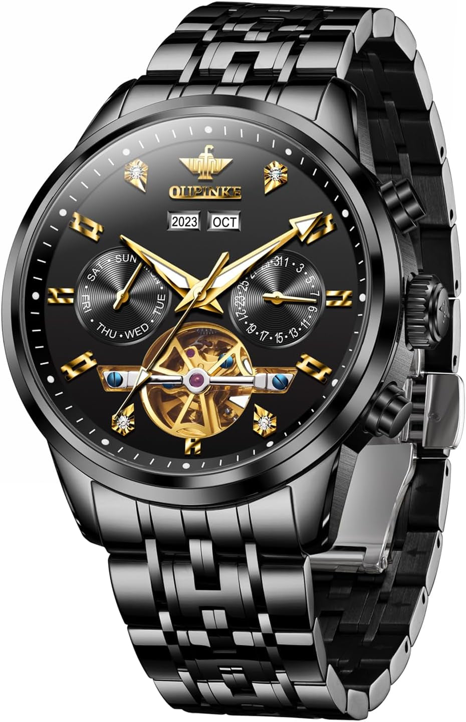  Skeleton Luxury Waterproof Sapphire Crystal Wrist Watch for Men (Gold/Blue/Black/Green Dial)