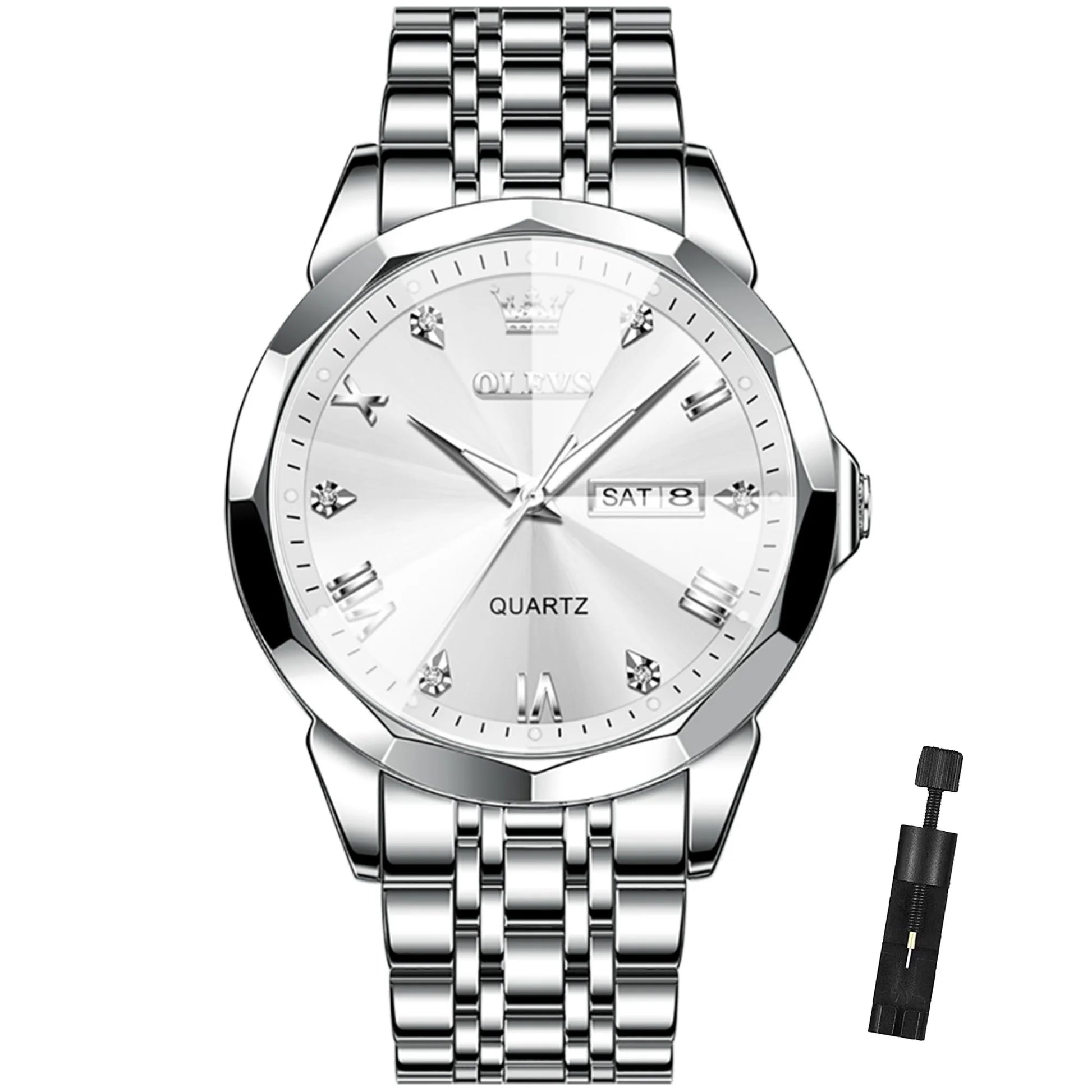 Silver Men Diamond Luxury Stainless Steel Quartz Watch