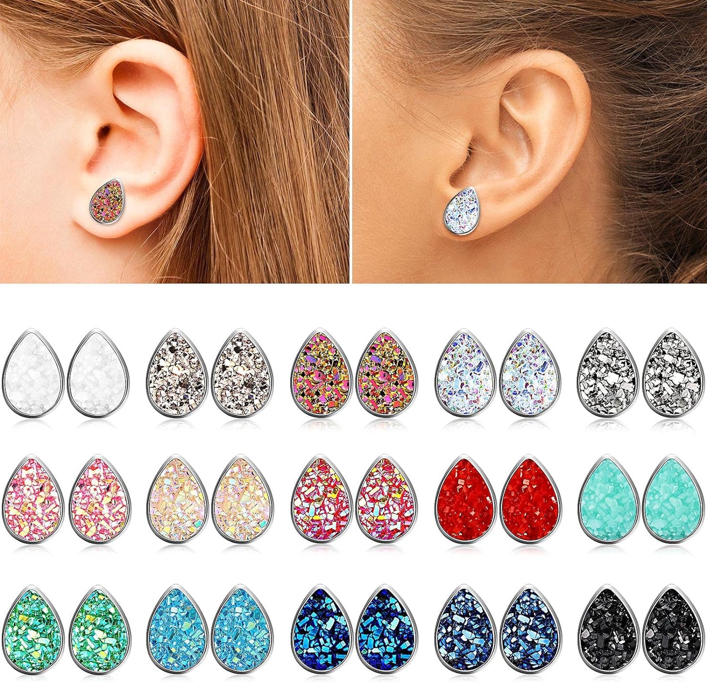 15 Pairs Faux Druzy Stud Earrings Teardrop Glitter Pierced Earrings Stainless Steel Earrings for Women Girls Mothers Day Gift