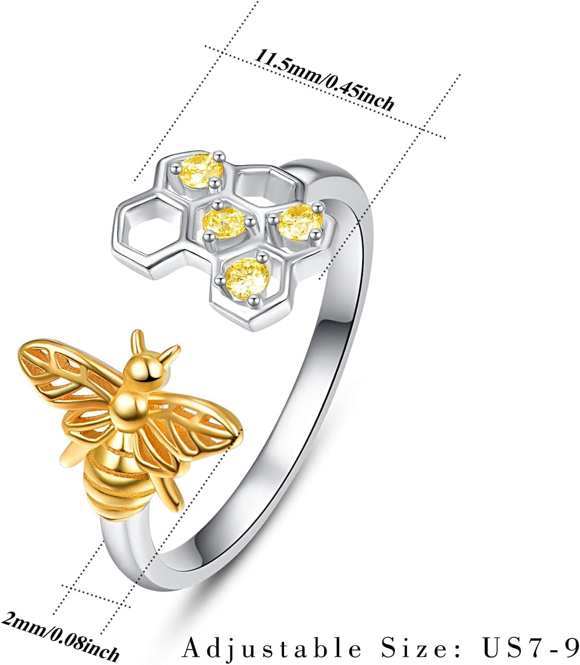 Honey Bee Rings 925 Sterling Silver Ring Honeycomb Open Adjustable Thumb Rings for Women 